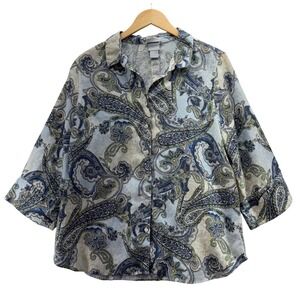 Chico's Womens Size 2 US Large 12 Paisley Shirt Linen Non Iron Blue Beige Blouse